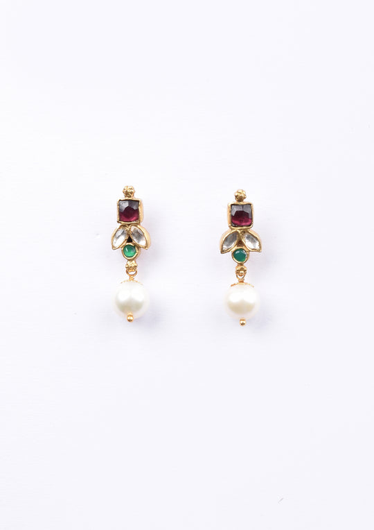 Dopehri Multicolored Reverse Leaf Hanging Studs With Pearl Drops