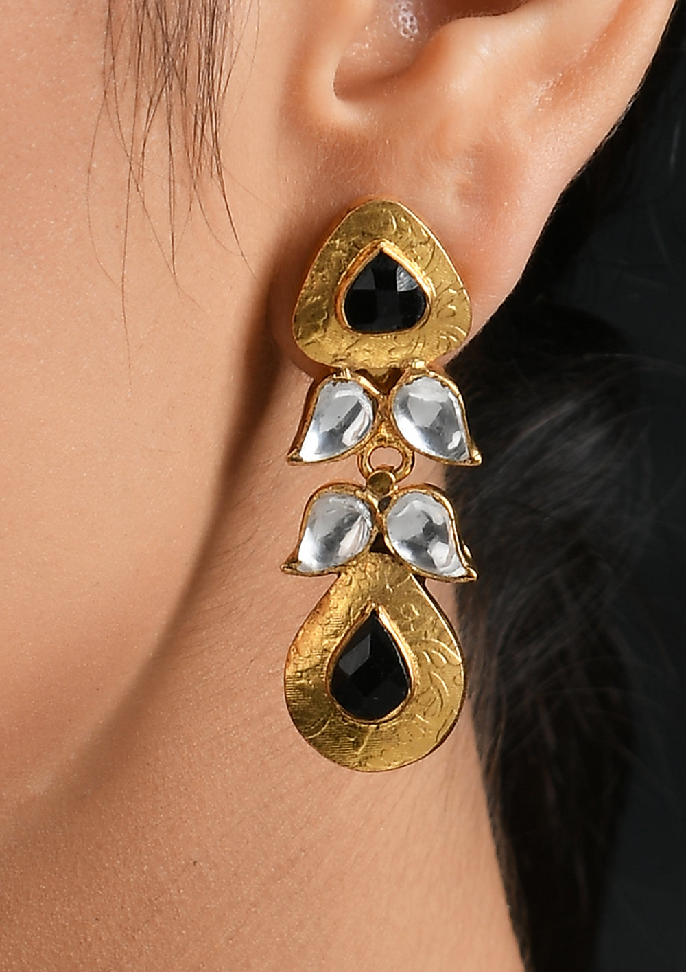 Textured Kundan Earrings with Black Onyx