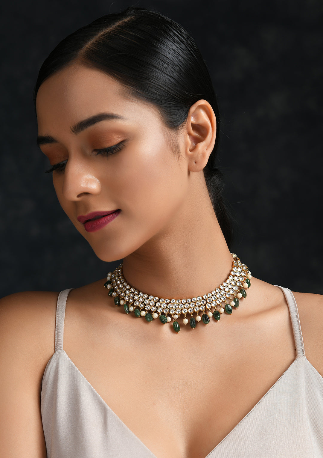 Victorian Style Polki Kundan Necklace With Semi-Emerald Drops