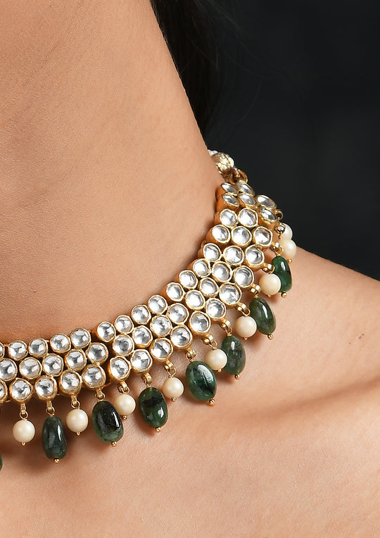 Victorian Style Polki Kundan Necklace With Semi-Emerald Drops