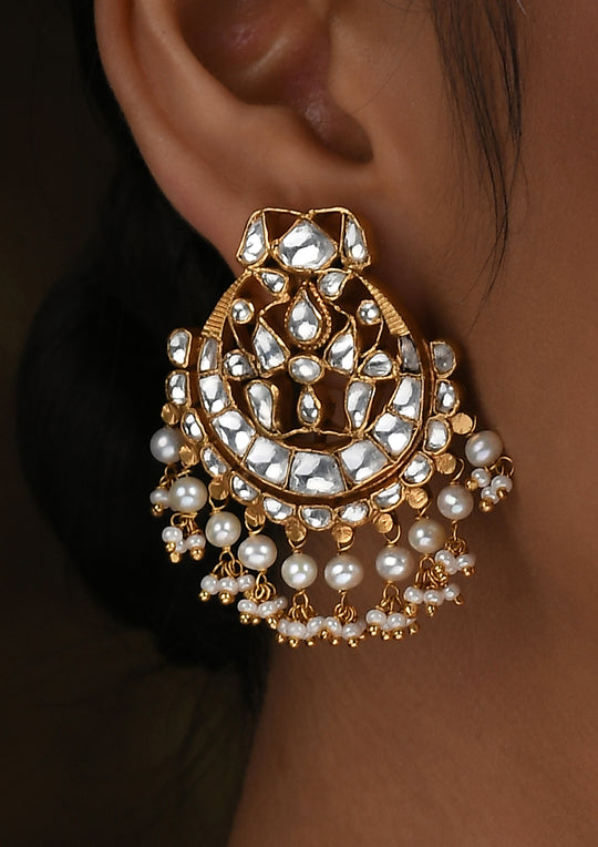 Navmi Golden-White Pankhi Chaandbalis with Pearl Drops