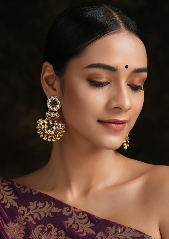 Multicolored Hanging Pankhi Earrings with Gold Plating