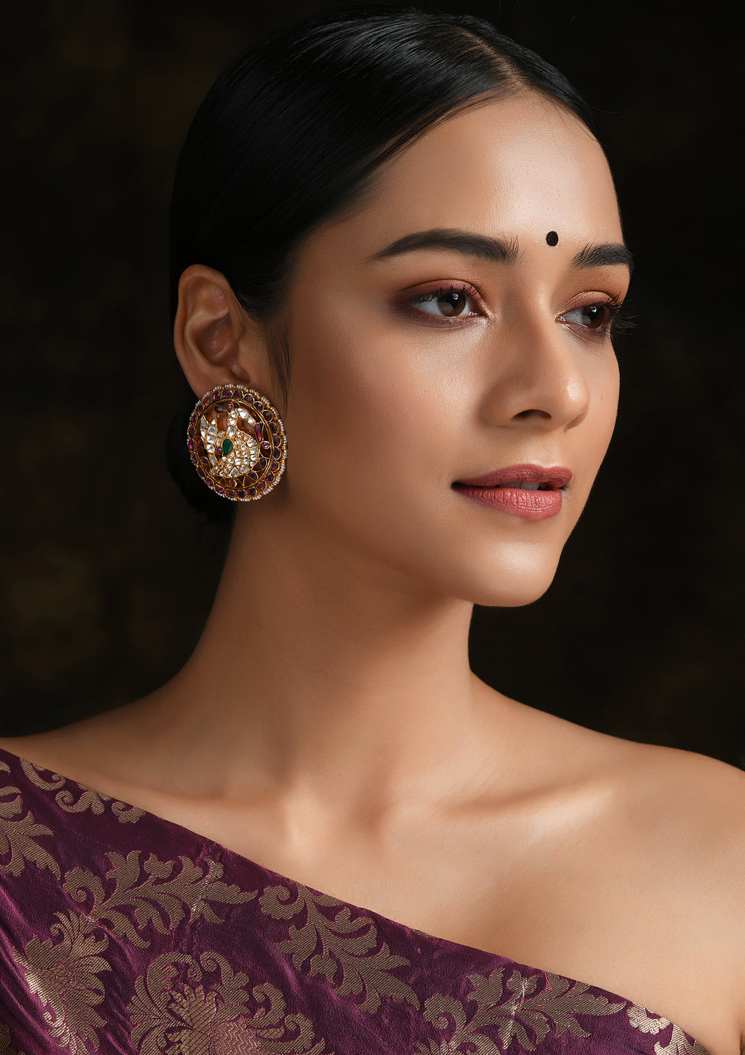 Navmi Multicolored Kundan Rooster Studs With Polki