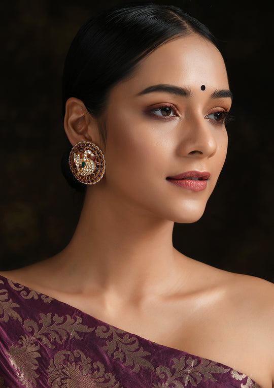 Navmi Multicolored Kundan Rooster Studs With Polki