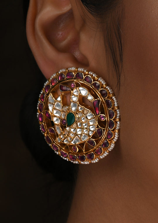 Navmi Multicolored Kundan Rooster Studs With Polki