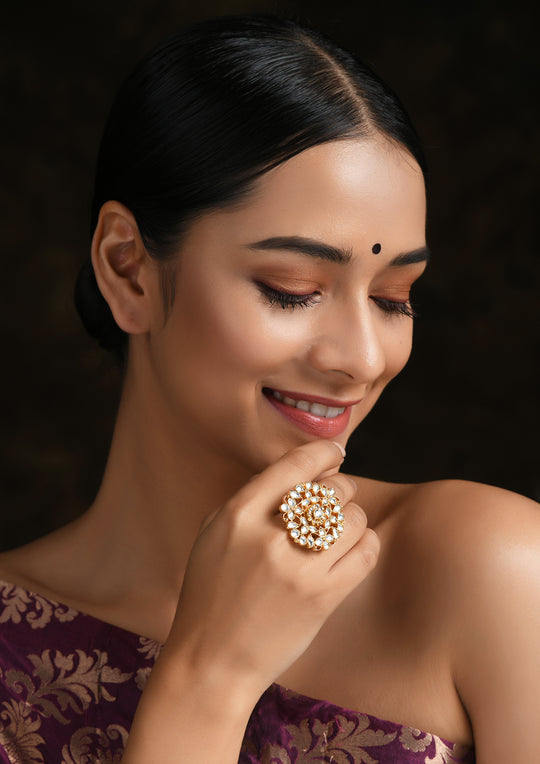 White And Golden Adjustable Ring With Pachikari Center