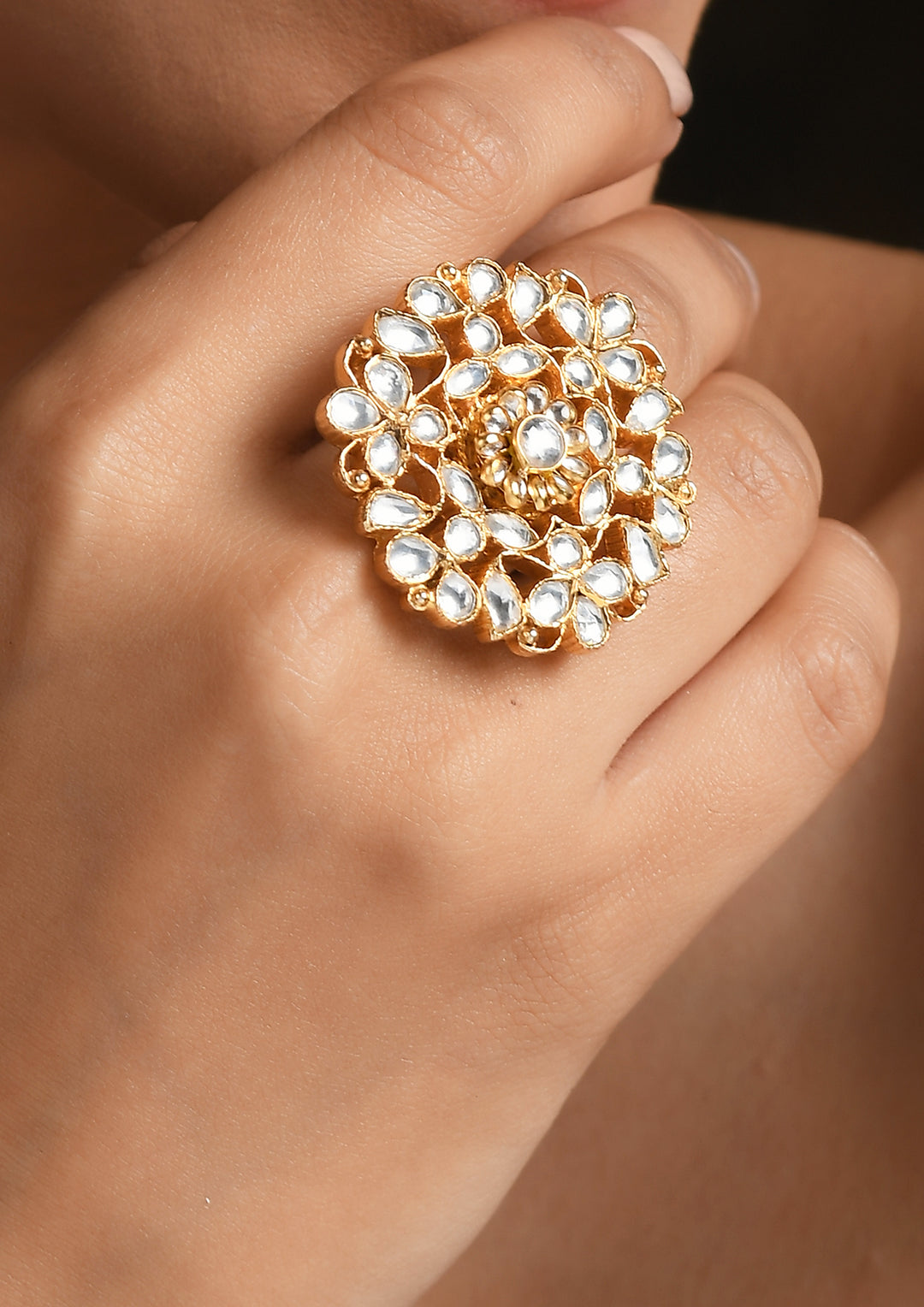 White And Golden Adjustable Ring With Pachikari Center