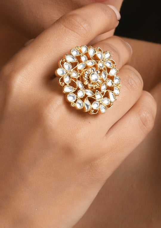 White And Golden Adjustable Ring With Pachikari Center