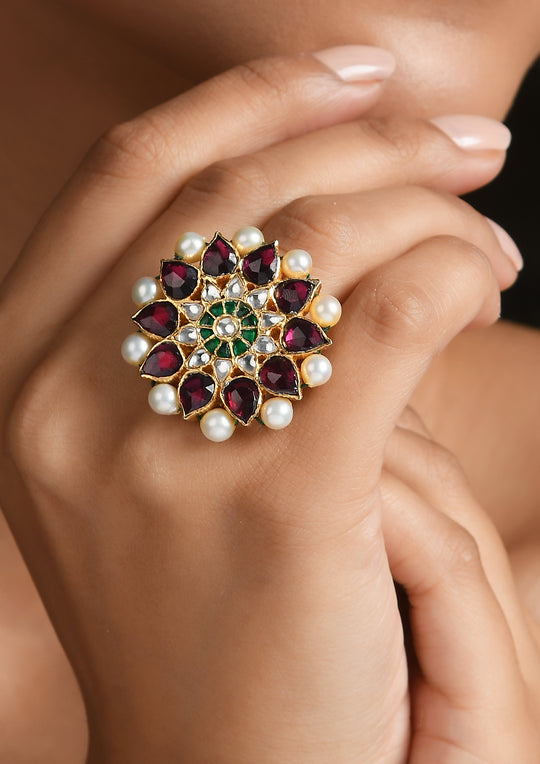 Multicolored Flower Petals Adjustable Ring With Pearls