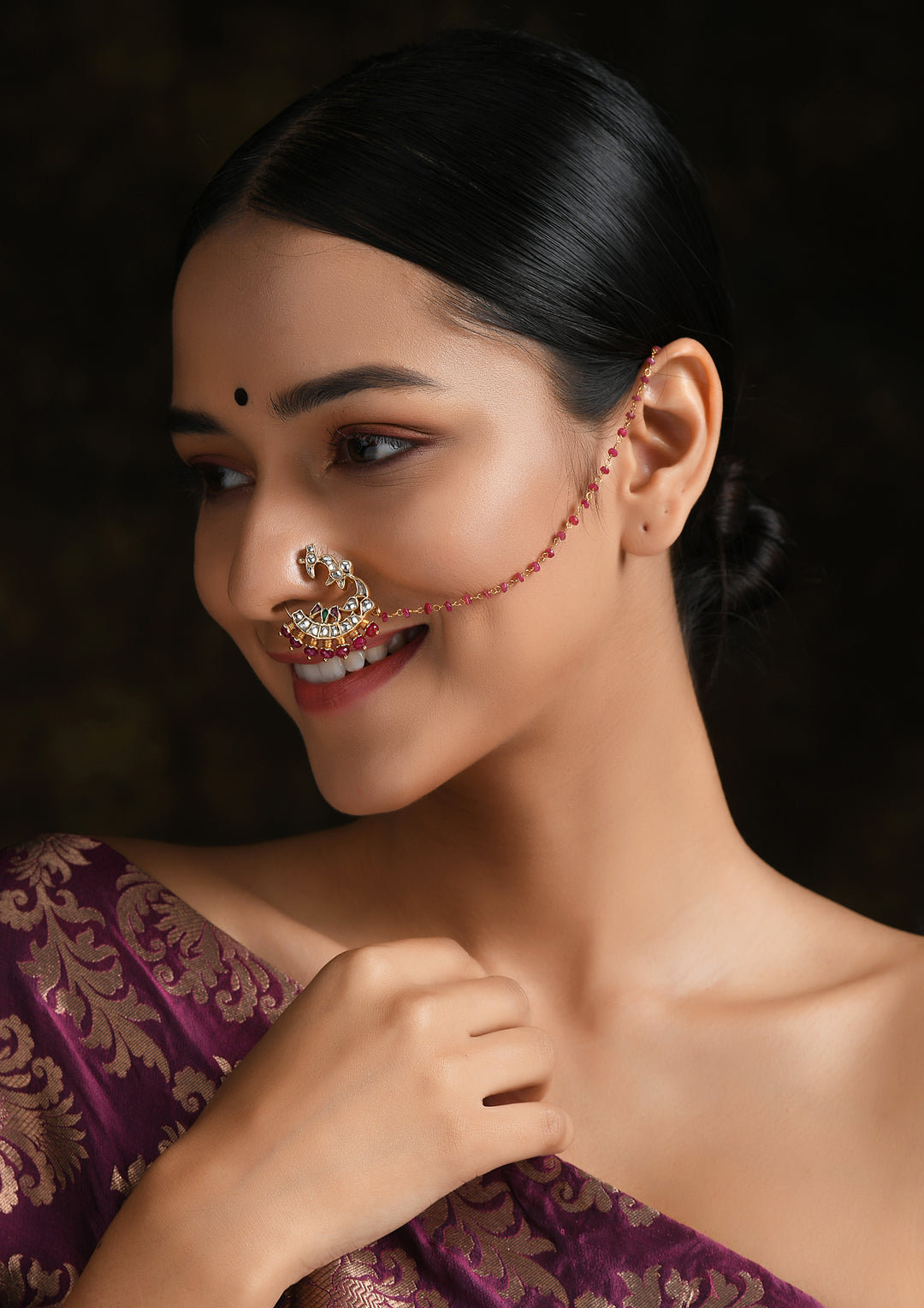 Clip-On Parrot Kundan Nath With Ruby String
