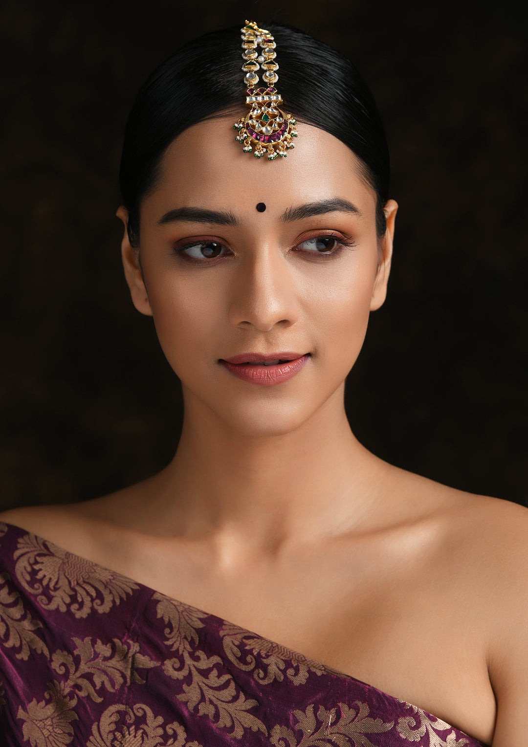 Double Line Multicolored Kundan Maangtika With Polki