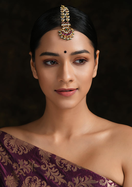 Double Line Multicolored Kundan Maangtika With Polki