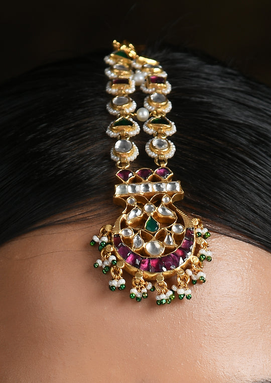 Double Line Multicolored Kundan Maangtika With Polki
