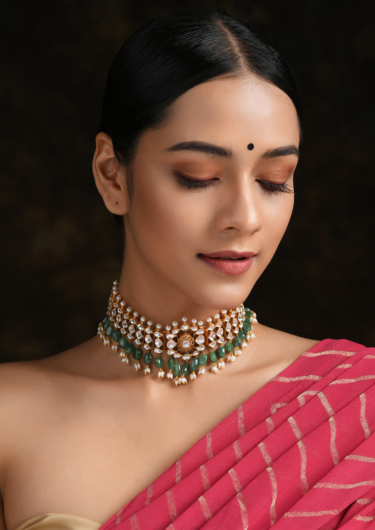 Traditional Gold Plated Kundan Choker With Semi-Emeralds