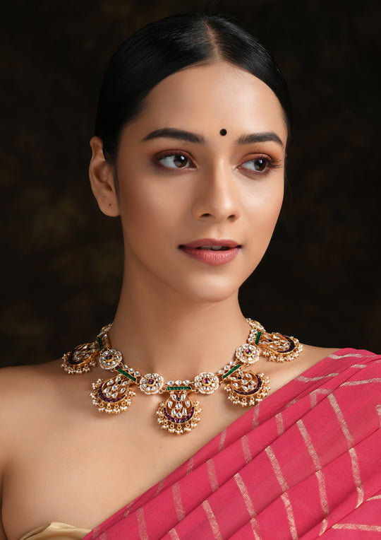 Navmi Multicolored Pankhi Necklace With Gold Plating