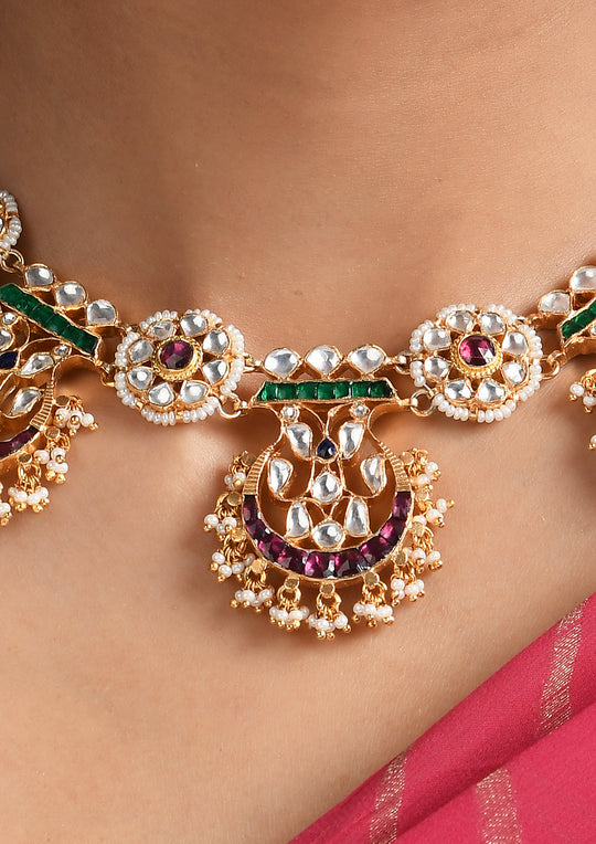 Navmi Multicolored Pankhi Necklace With Gold Plating