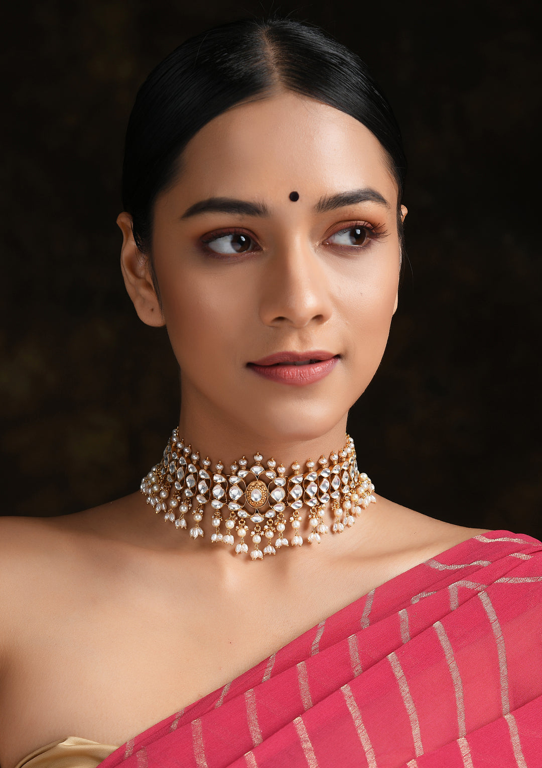 Classic Monochrome Kundan Choker With Pearl Hangings