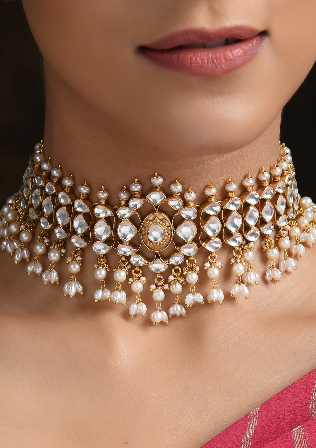 Classic Monochrome Kundan Choker With Pearl Hangings
