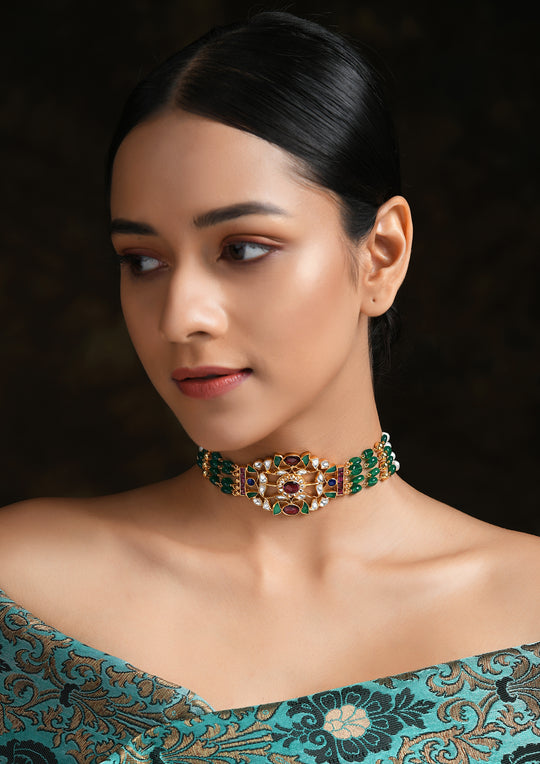 Navmi Parrot Green Oblong Kundan Choker With Semi Precious Stones