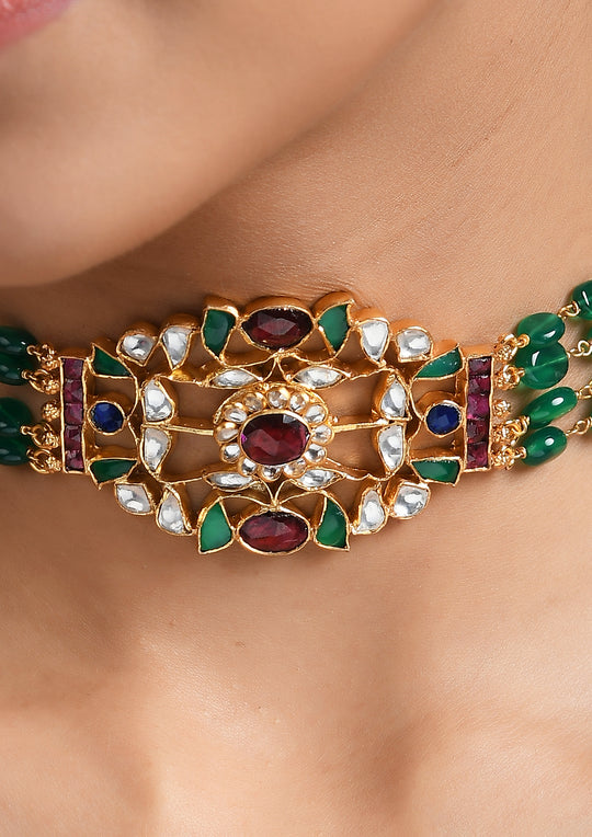 Navmi Parrot Green Oblong Kundan Choker With Semi Precious Stones