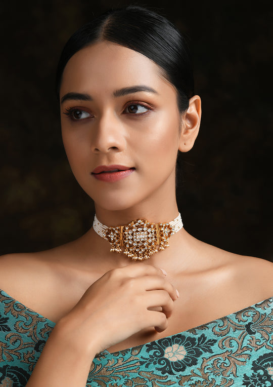 Moonlight Pearl Choker With Polki