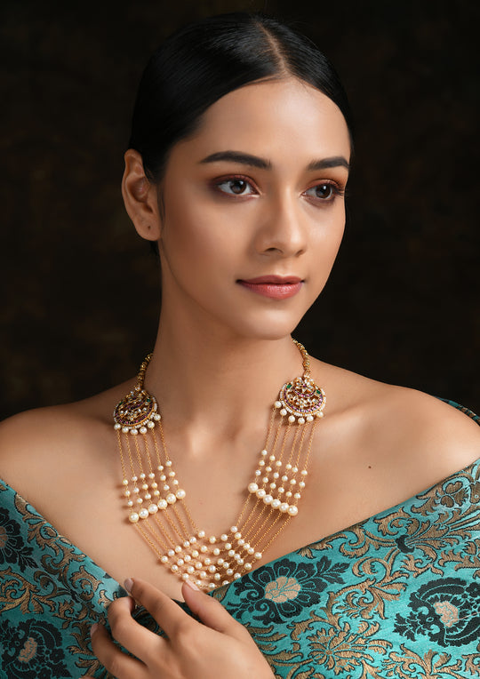 Long Kundan Necklace With Pearl Layers and Jadau Motif