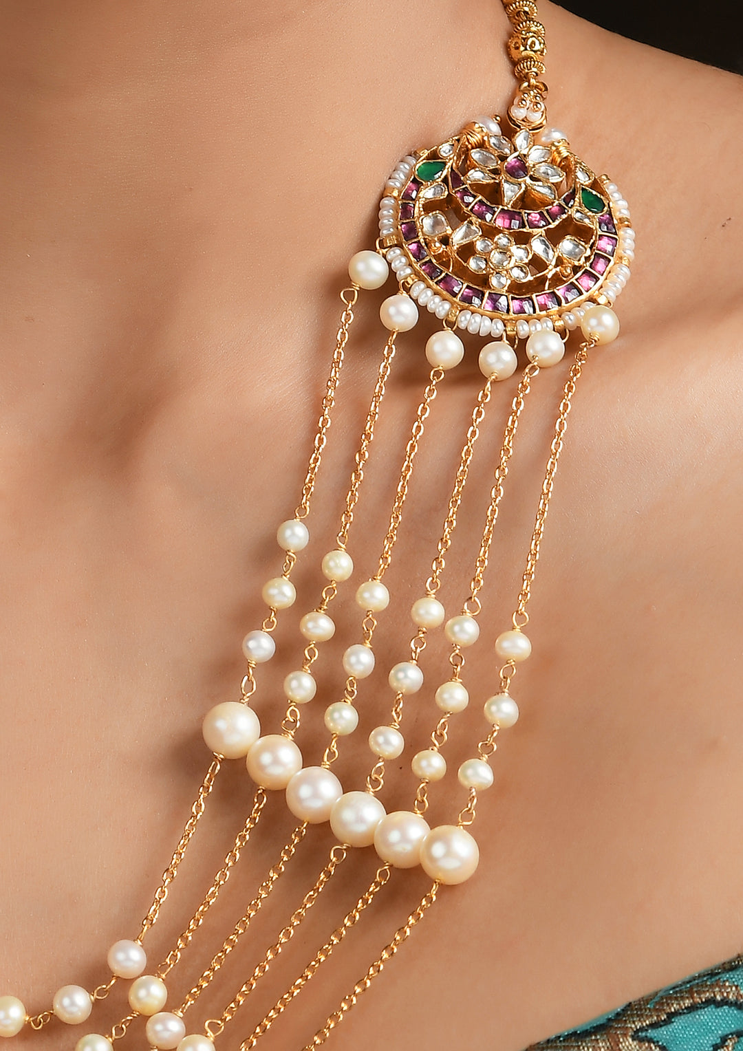Long Kundan Necklace With Pearl Layers and Jadau Motif