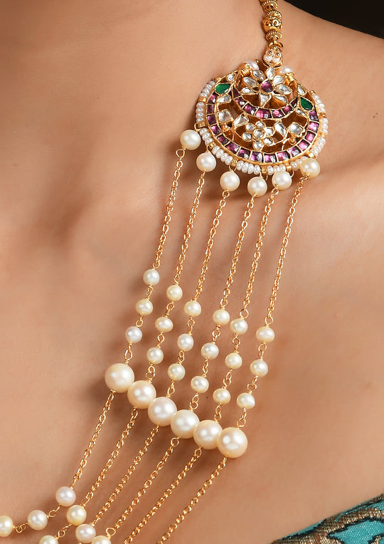 Long Kundan Necklace With Pearl Layers and Jadau Motif