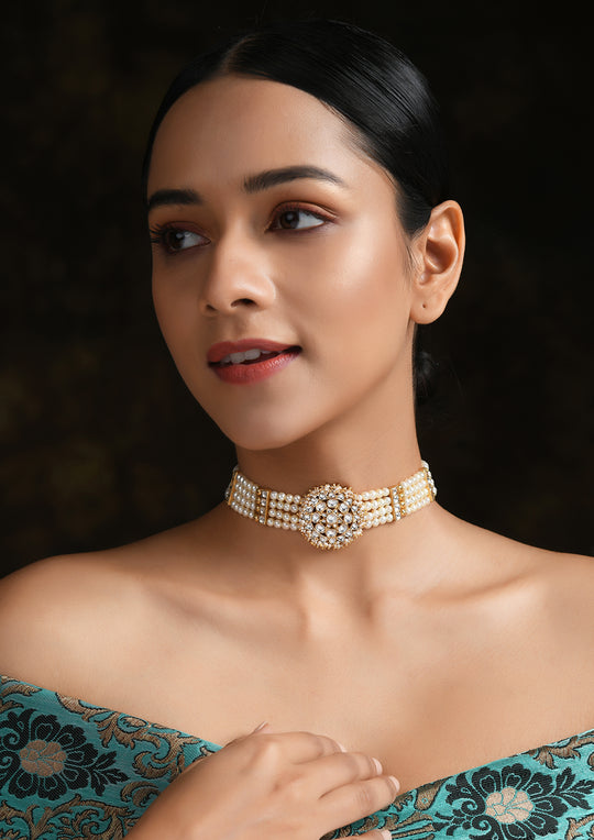 Golden Surya Choker With Fresh Water Pearls