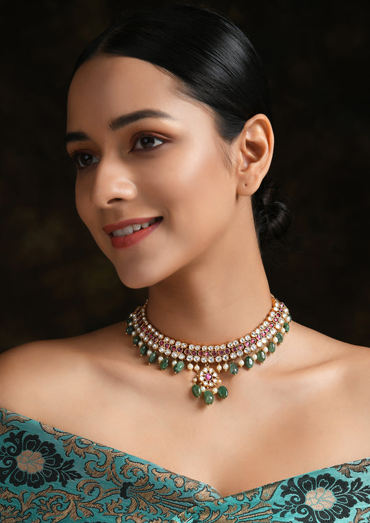 Victorian Style Multicolored Necklace With Semi-Emeralds