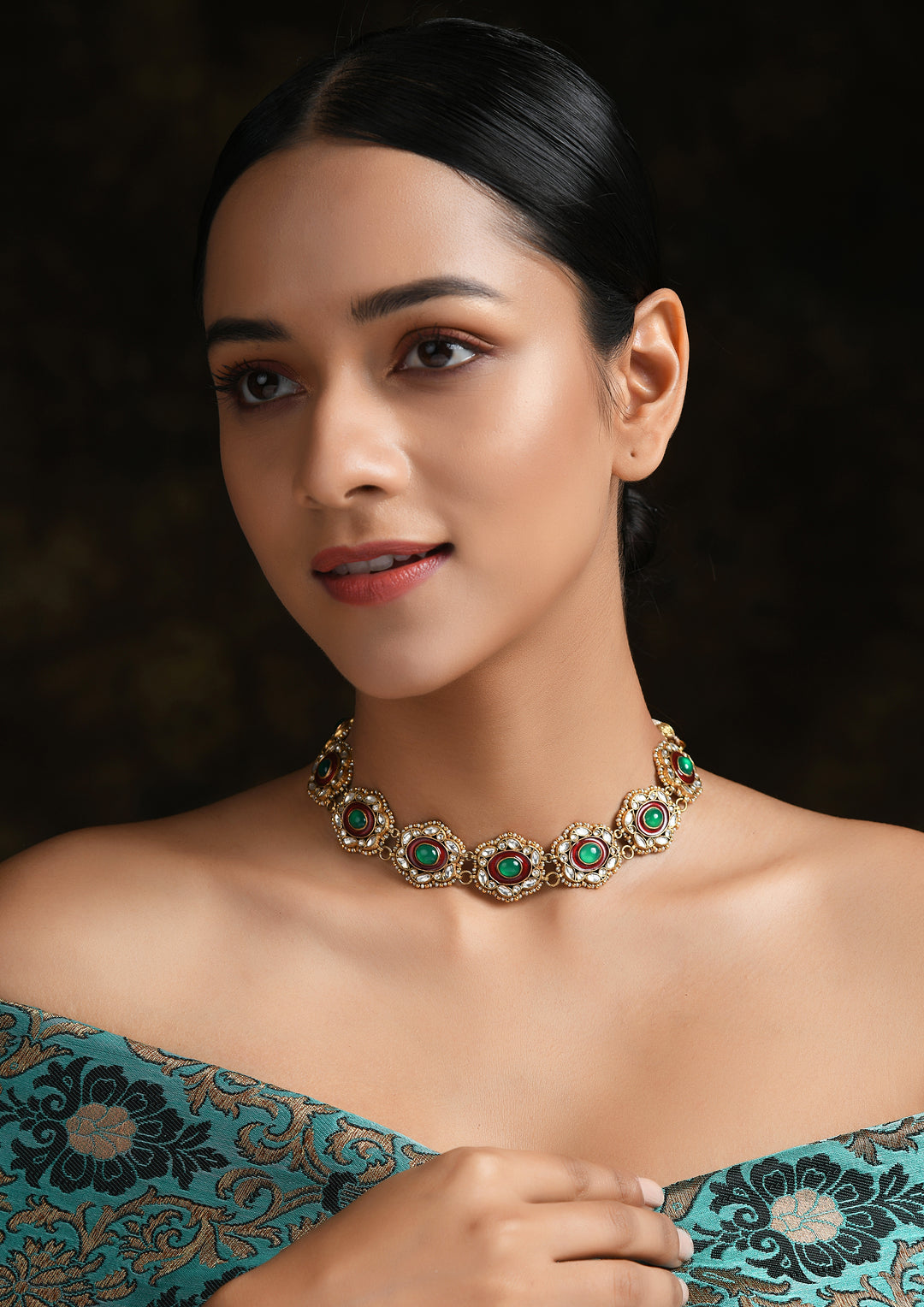 Navmi Red Meenakari Semi Choker With Polki And Gold Plating