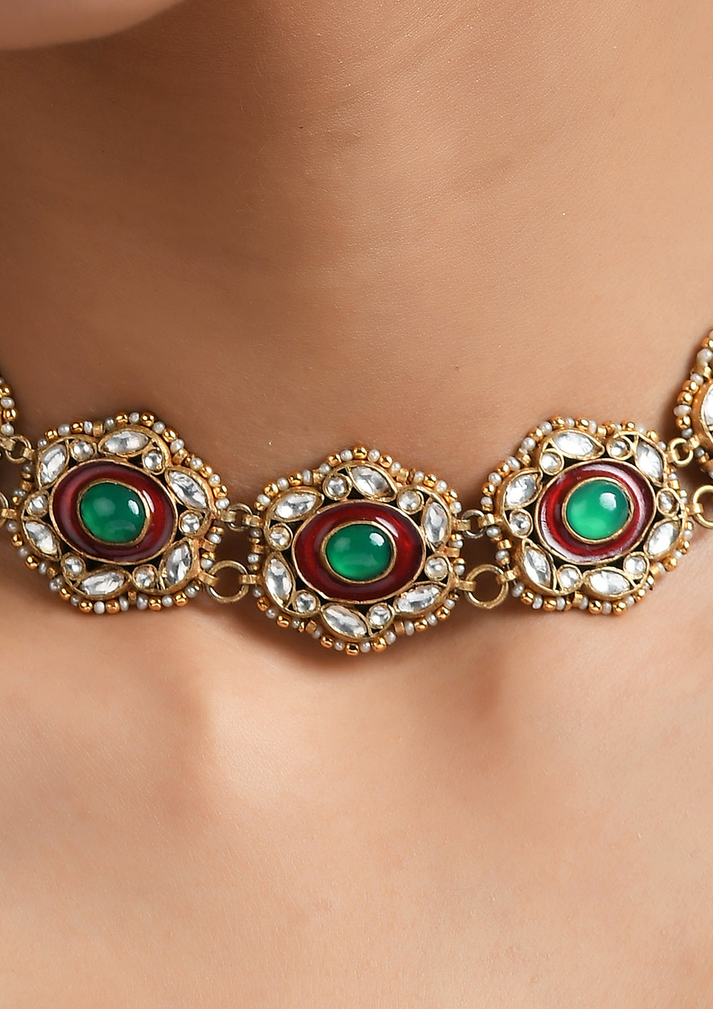 Navmi Red Meenakari Semi Choker With Polki And Gold Plating