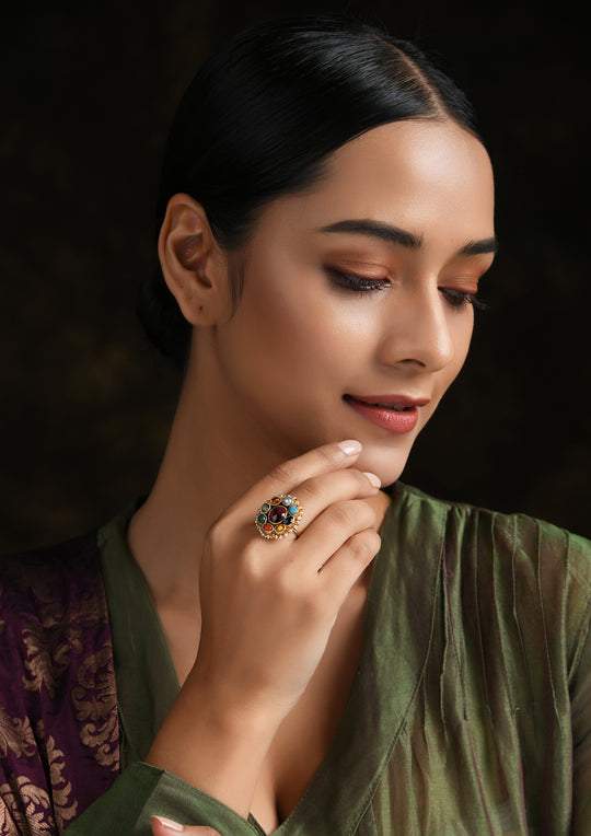 Navratna Adjustable Kundan Ring