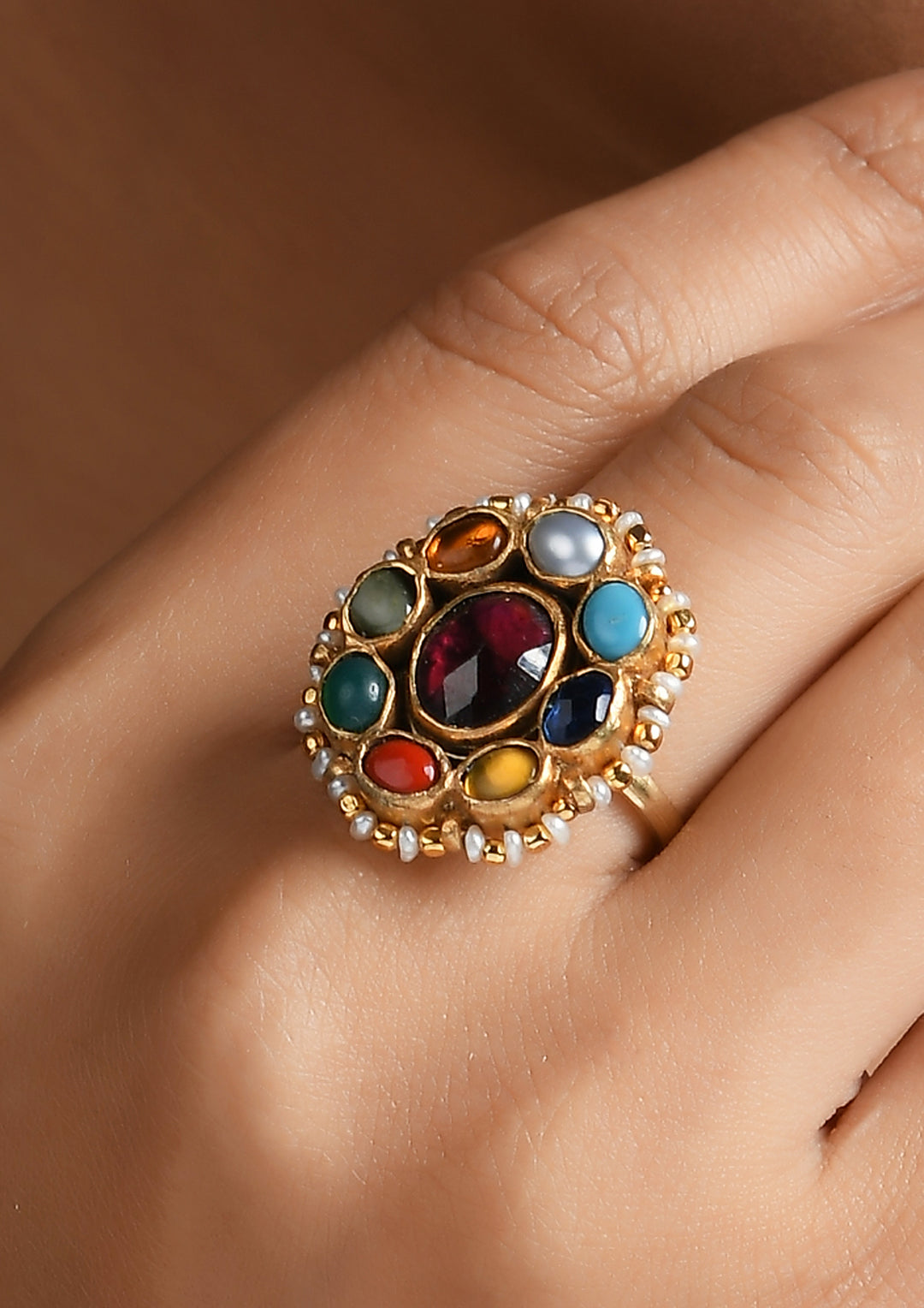Navratna Adjustable Kundan Ring