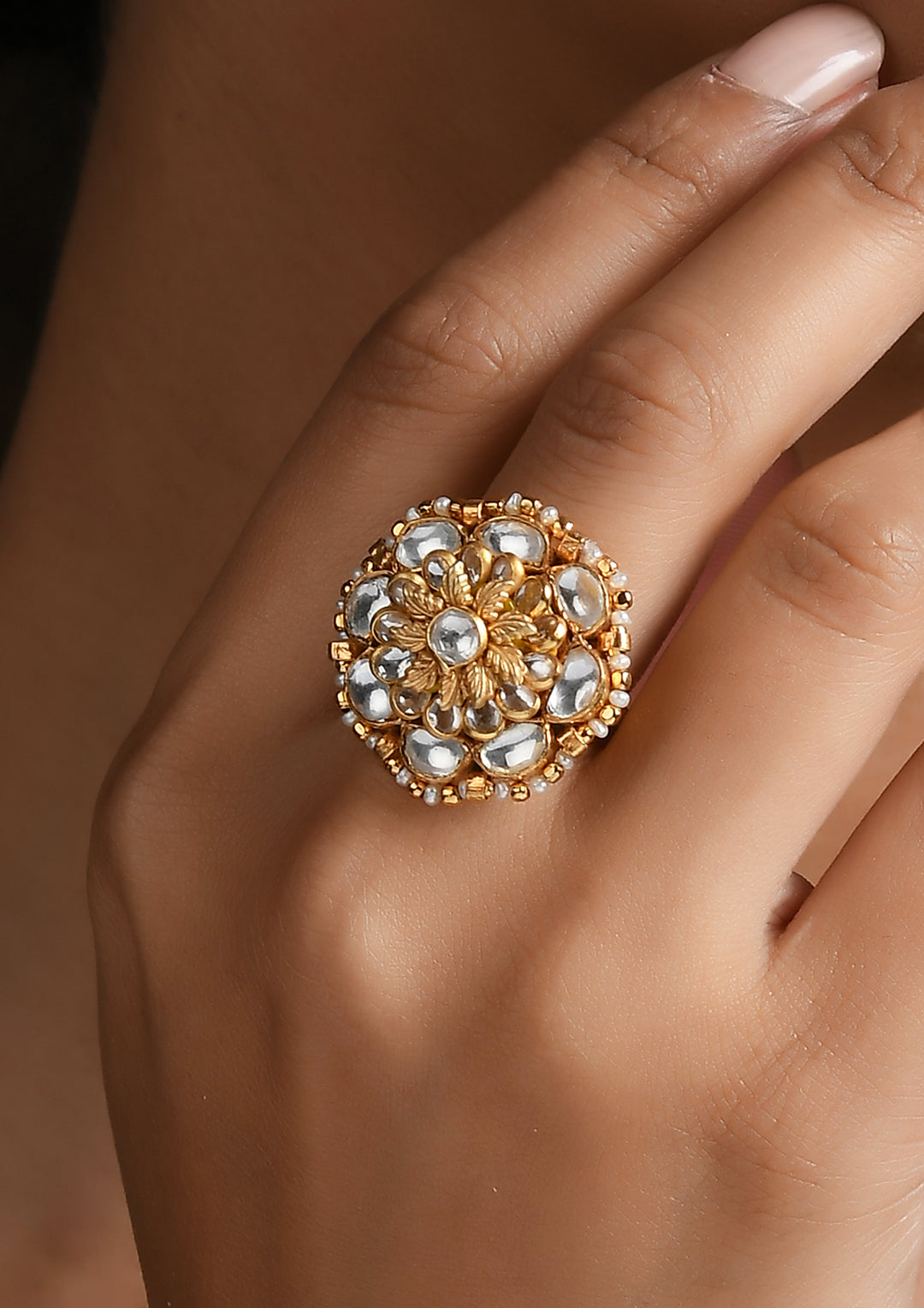 Floral Adjustable Ring With Pachikari, Polki And Pearls