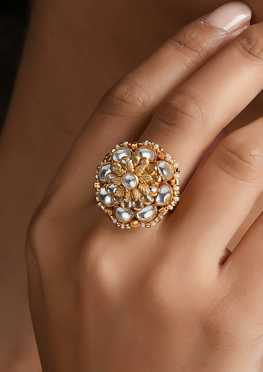 Floral Adjustable Ring With Pachikari, Polki And Pearls