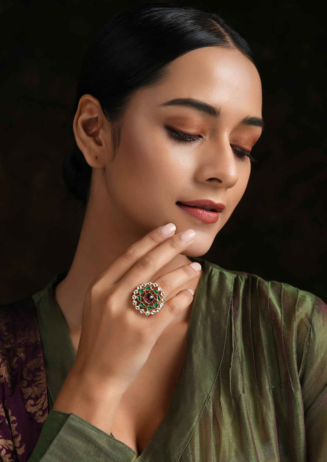 Navmi Multicolored Adjustable Chakra Ring with Polki