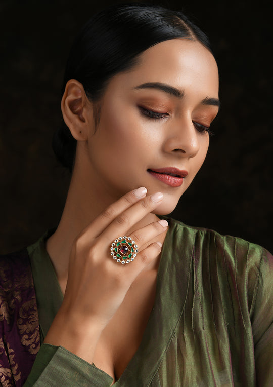 Navmi Multicolored Adjustable Chakra Ring with Polki