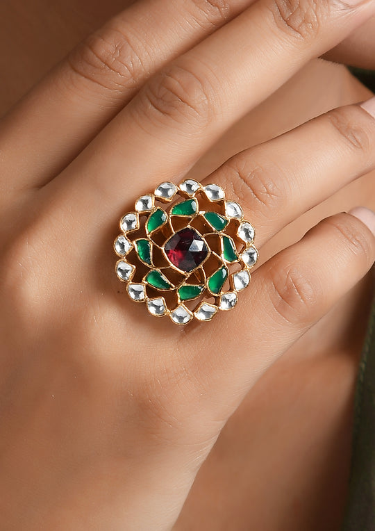 Navmi Multicolored Adjustable Chakra Ring with Polki