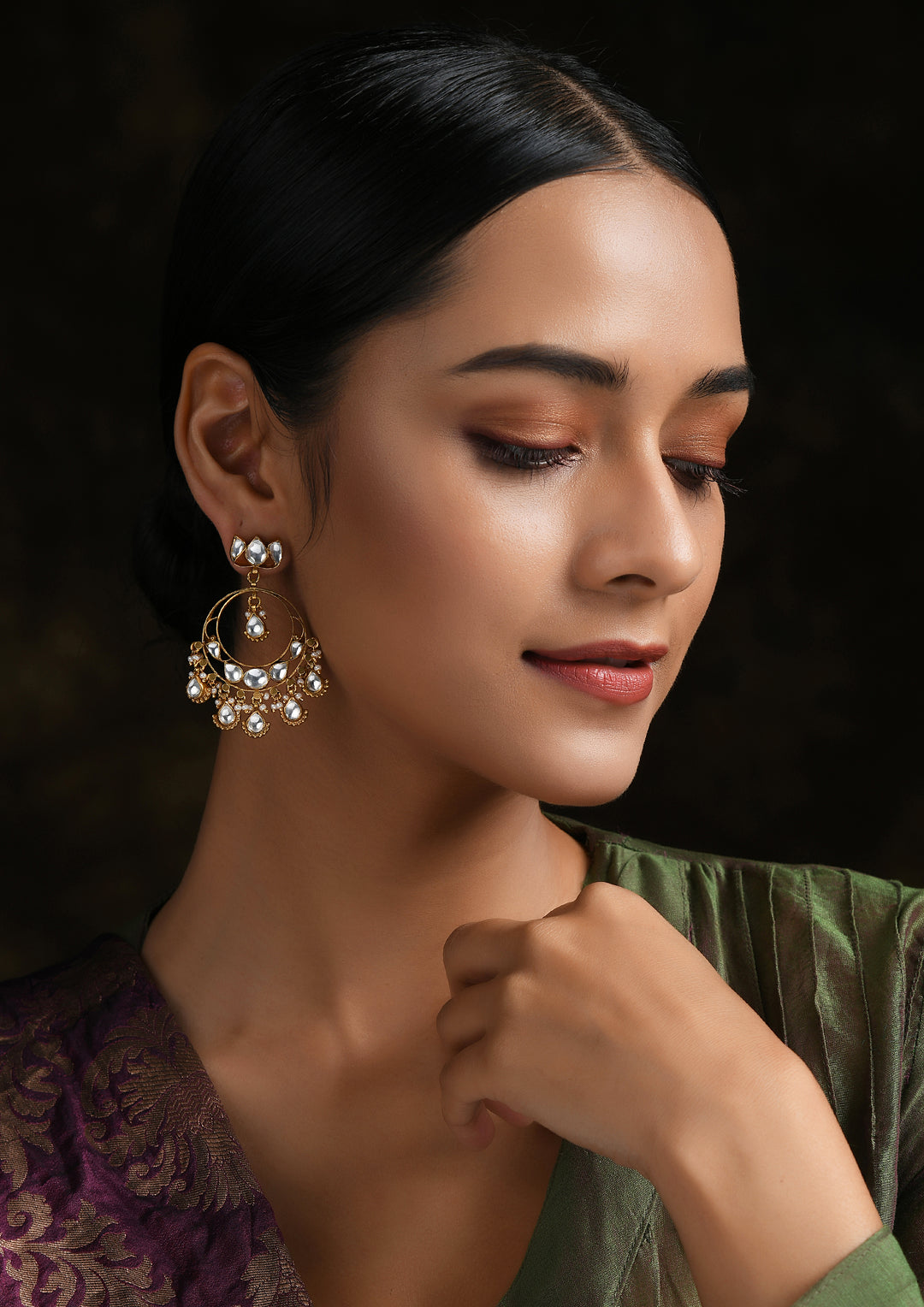 Navmi Lotus Chaandbalis With Polki And Gold Polish