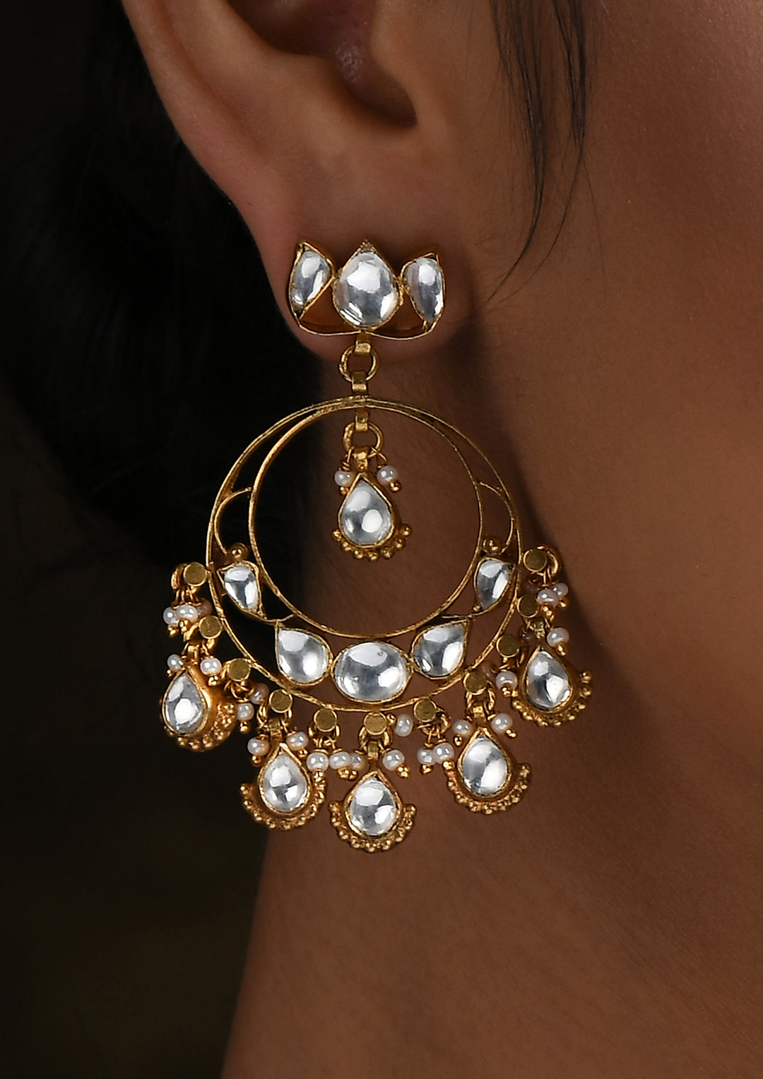 Navmi Lotus Chaandbalis With Polki And Gold Polish