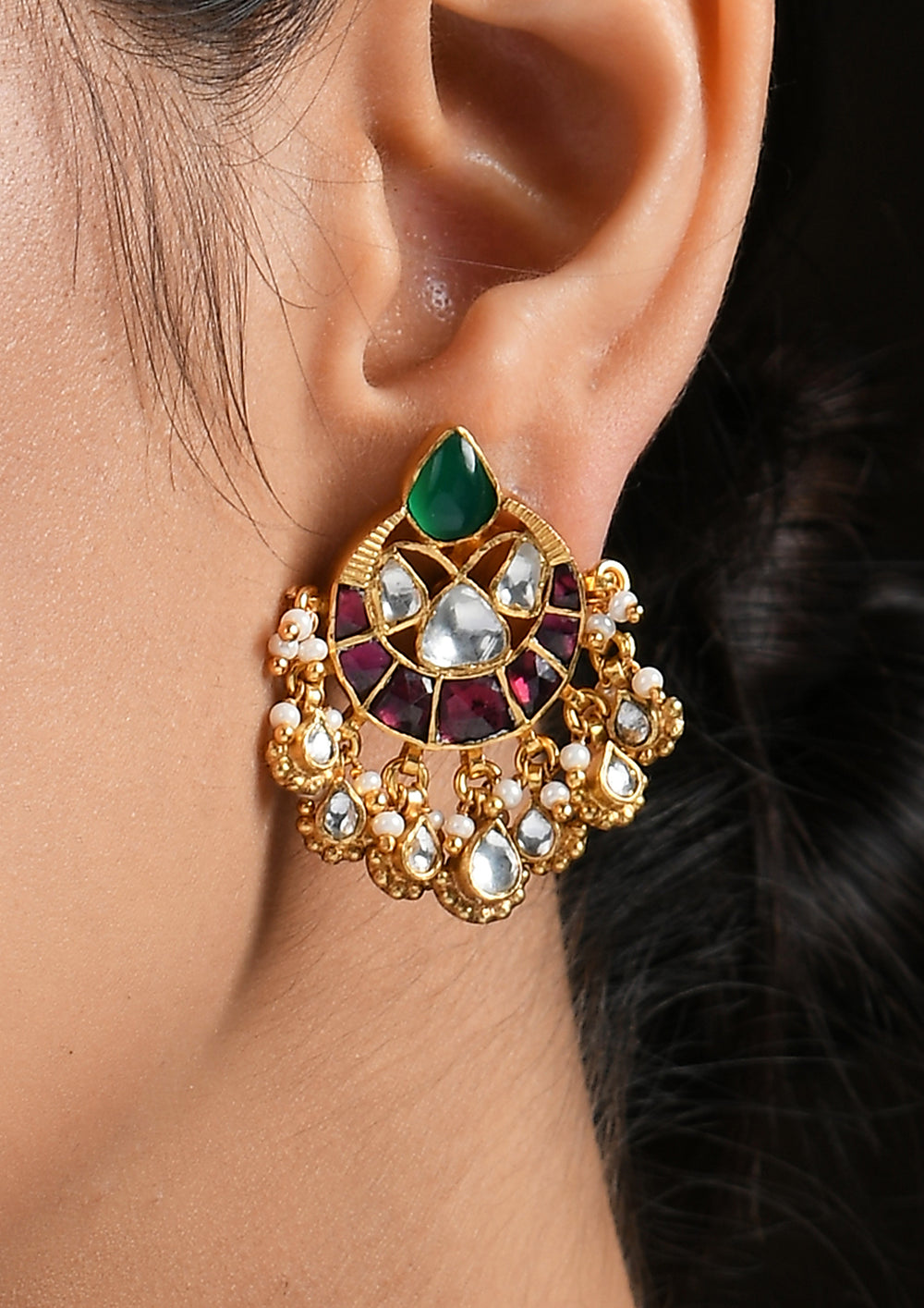Multicolored Tear Drop Chaandbalis With Kundan Drops