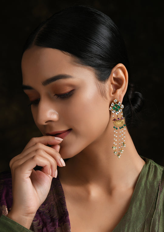 Long Multicolored Dangler Earrings With Gold Plated Discs