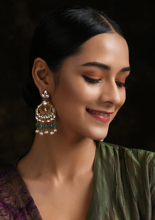 Navmi Oval Chaandbalis With Semi-Emeralds And Gold Polish