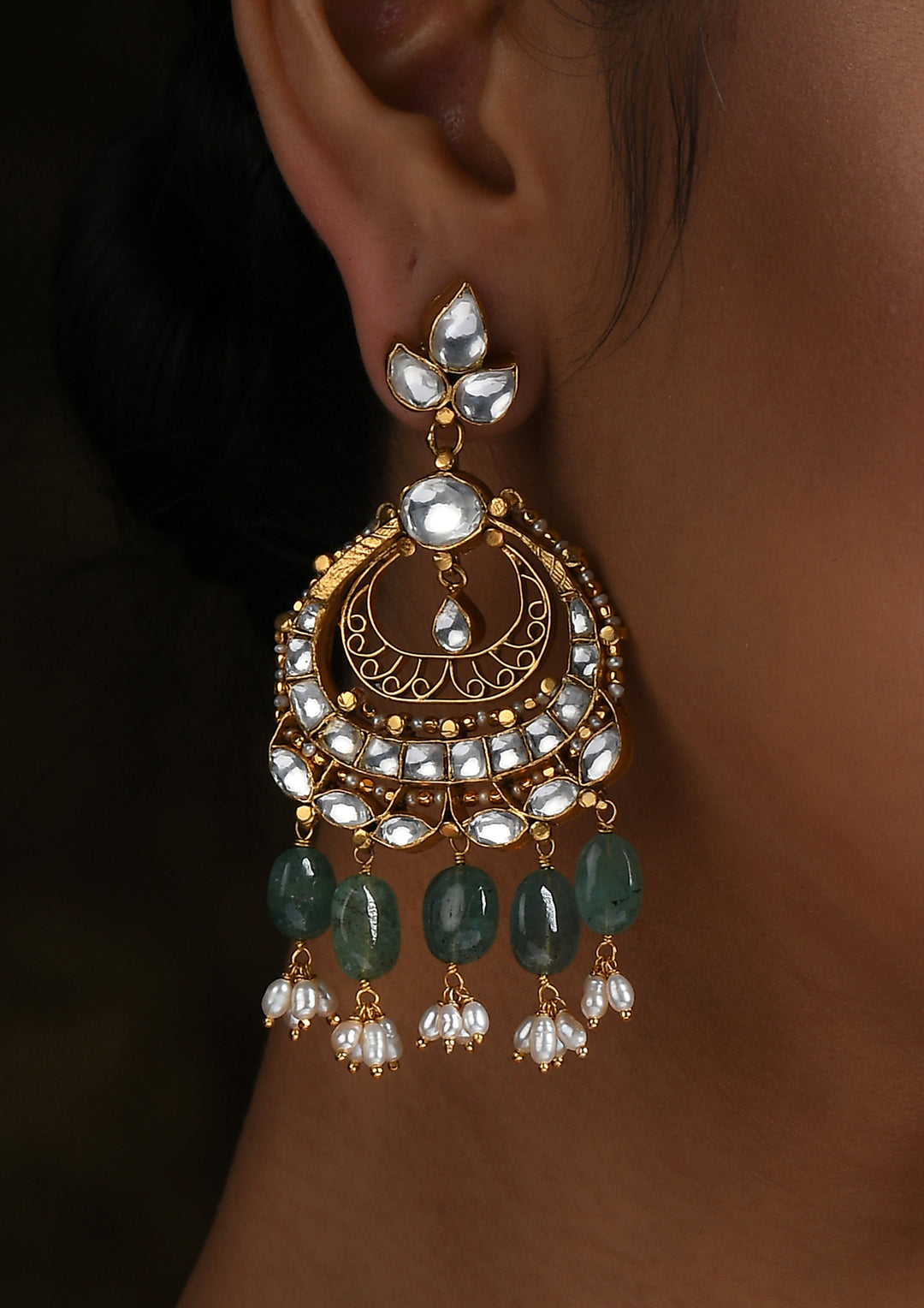 Navmi Oval Chaandbalis With Semi-Emeralds And Gold Polish