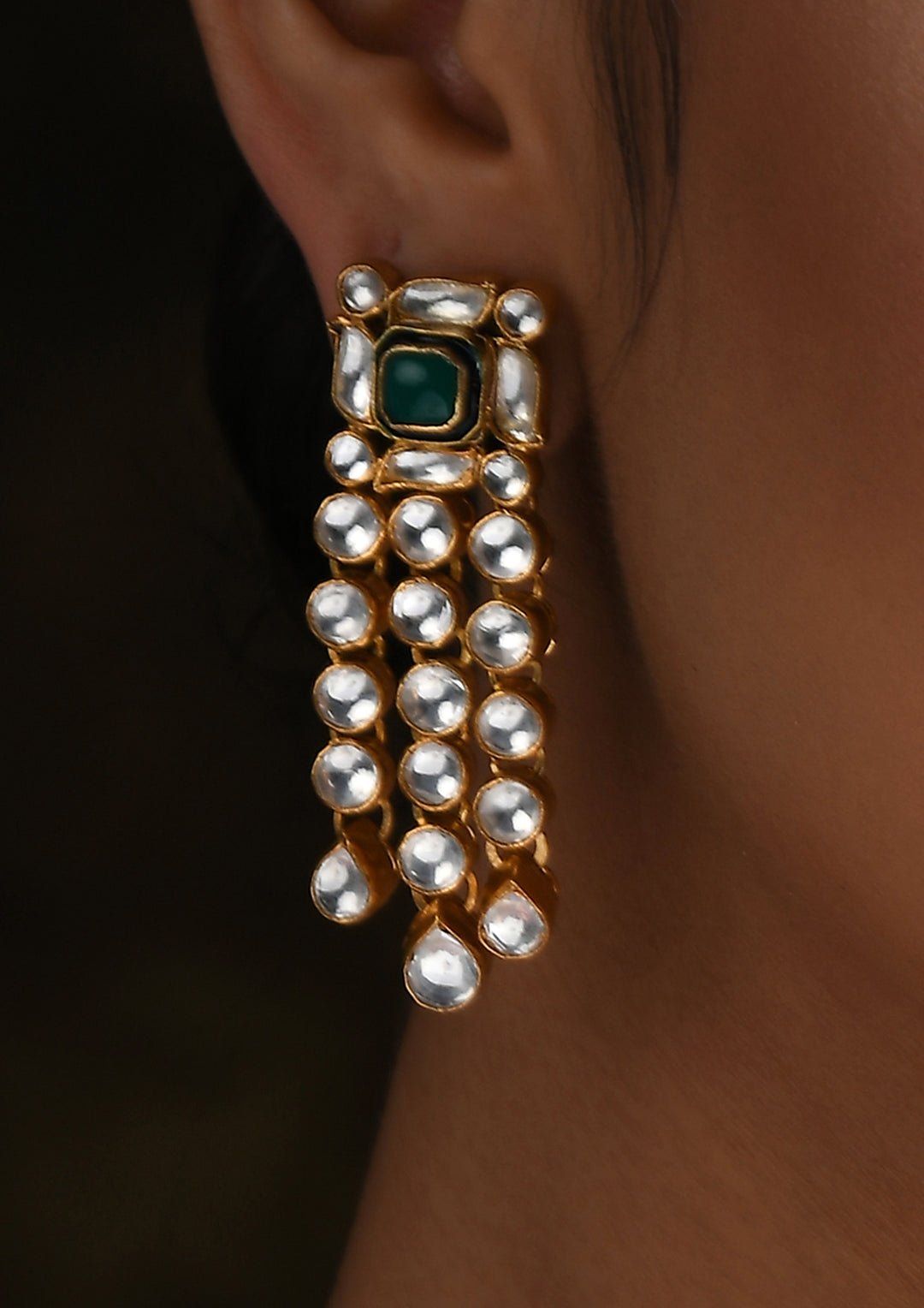 Green-White Geometric Earrings With Polki