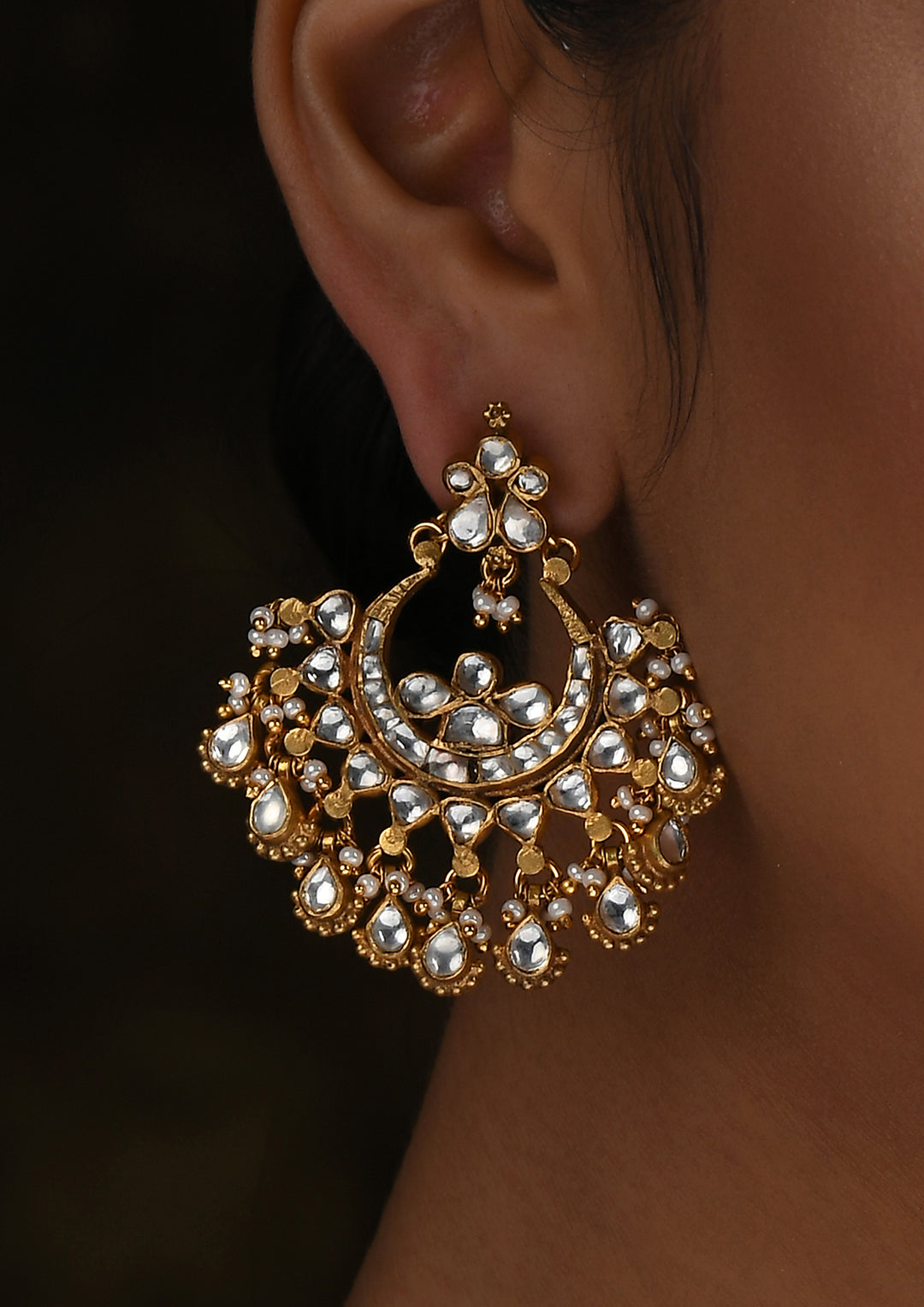 Navmi Rawa Chaandbalis With Fresh Water Pearls And Polki