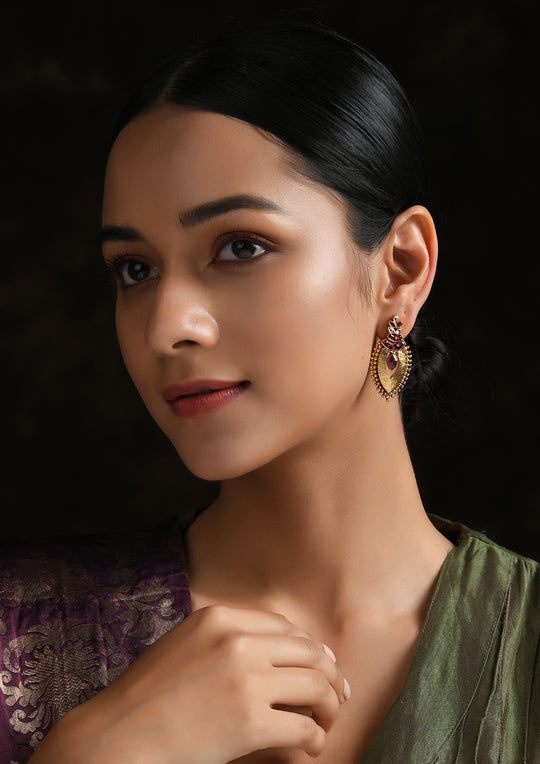 Gold Plated Tribal Red And White Oblong Earrings