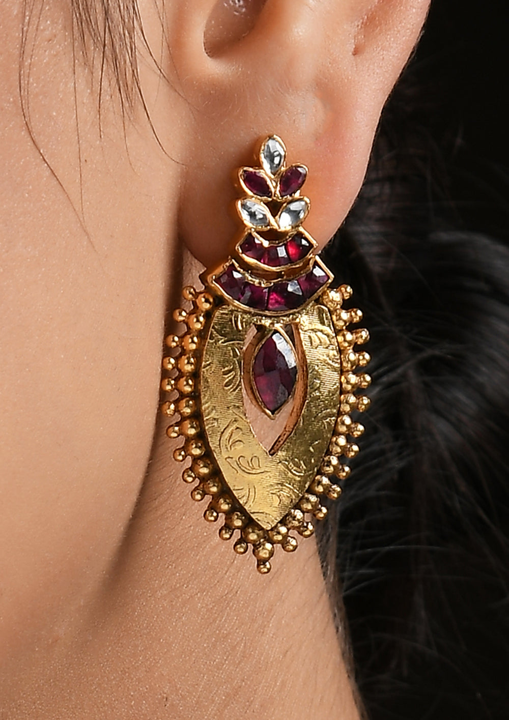 Gold Plated Tribal Red And White Oblong Earrings