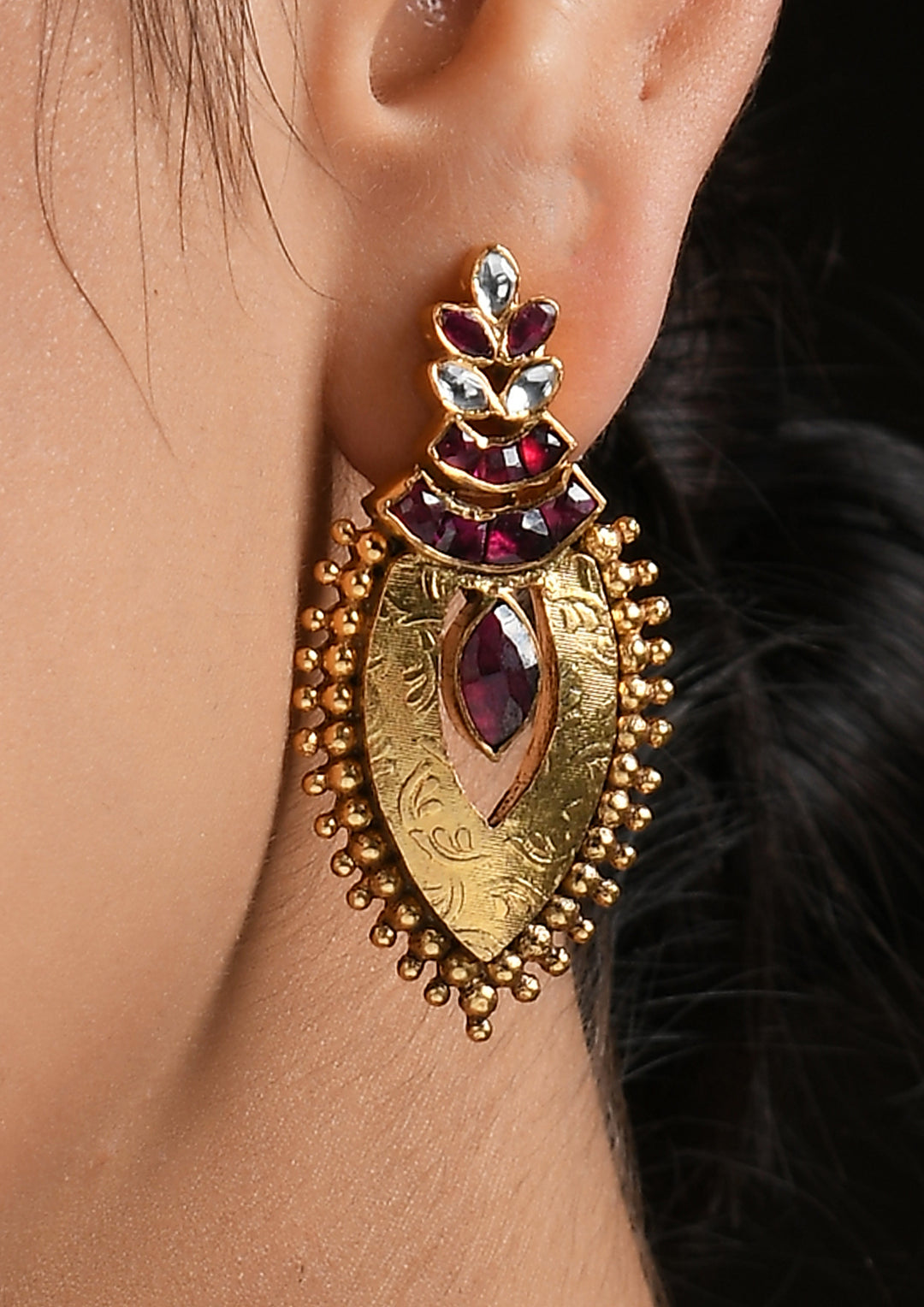 Gold Plated Tribal Red And White Oblong Earrings